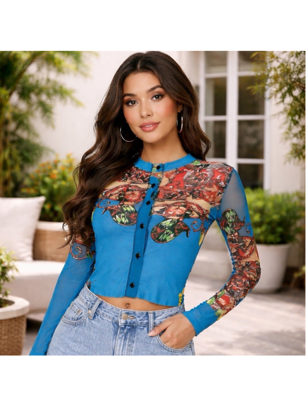 Petit Pois Viviana G XS Mesh Button Down Top Long Slv Blue Sheer Baroque Ornate